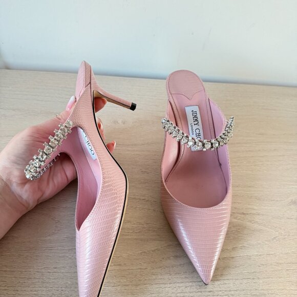 Jimmy Choo Bing 65 Mules Pink Lizard Crystal Embellished Pointed Toe Sz 37 - Picture 8 of 13